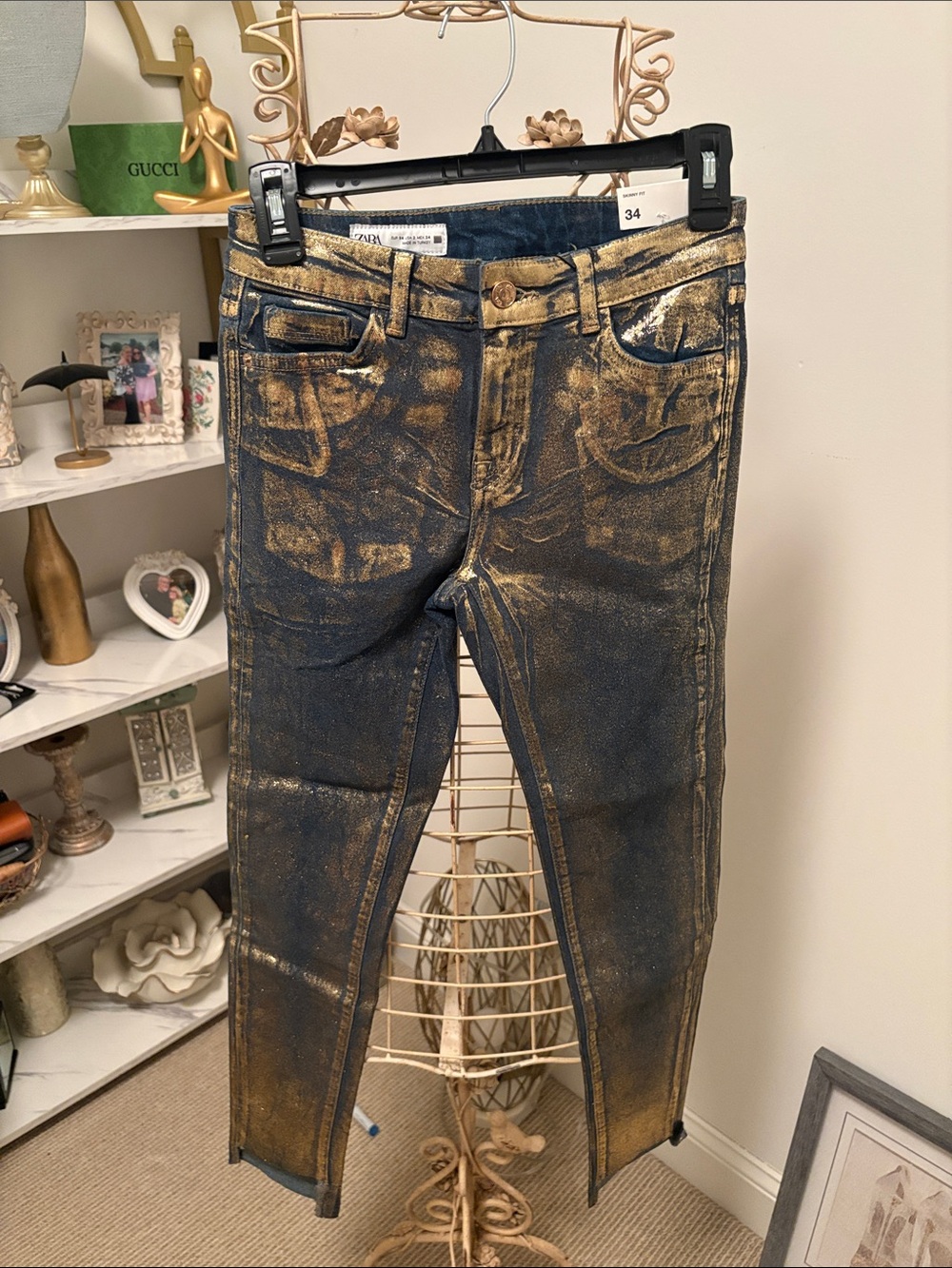 Zara Navy Denim Skinny Jeans with Gold Metallic Wash